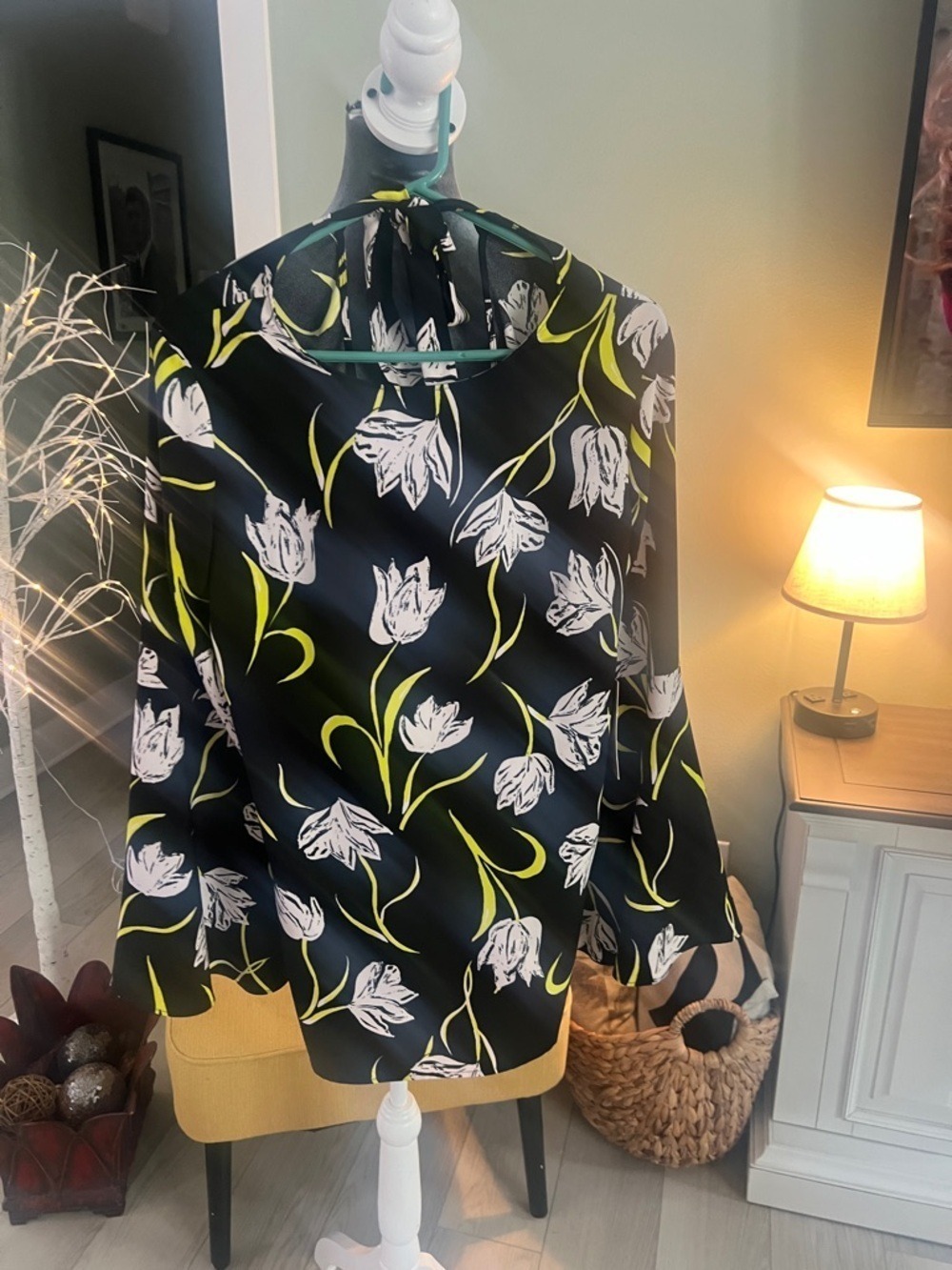 Halogen Black Floral Tulip-Print Blouse /Dress with Lime Stems